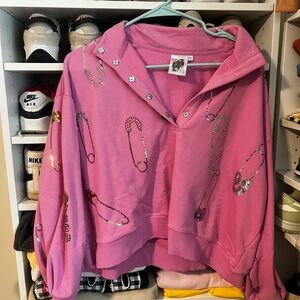 QOS Pink Safety Pin Embellished Hoodie